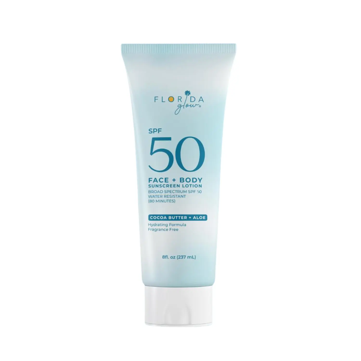 Florida Glow SPF 50 Sunscreen Lotion 8 fl oz | Cocoa Butter & Aloe Vera Infused | Reef Safe, Oxybenzone & Octinoxate Free | Water Resistant Sunblock | Hydrating UV Protection for Face & Body