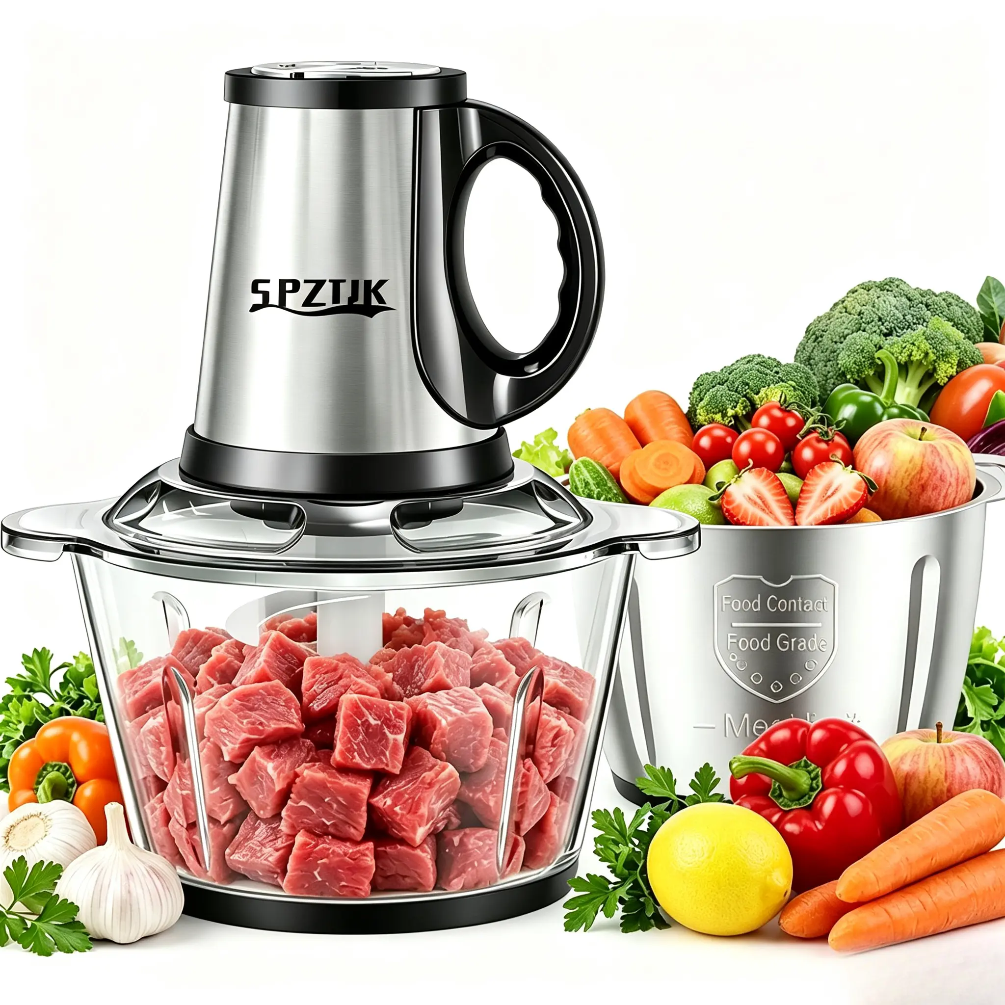 SPZTJK Electric Countertop Meat Grinder Machine - 2L Large Capacity, Dual Bowls, Dual Blades Specialty Kitchen Appliance for Family Food Preparation