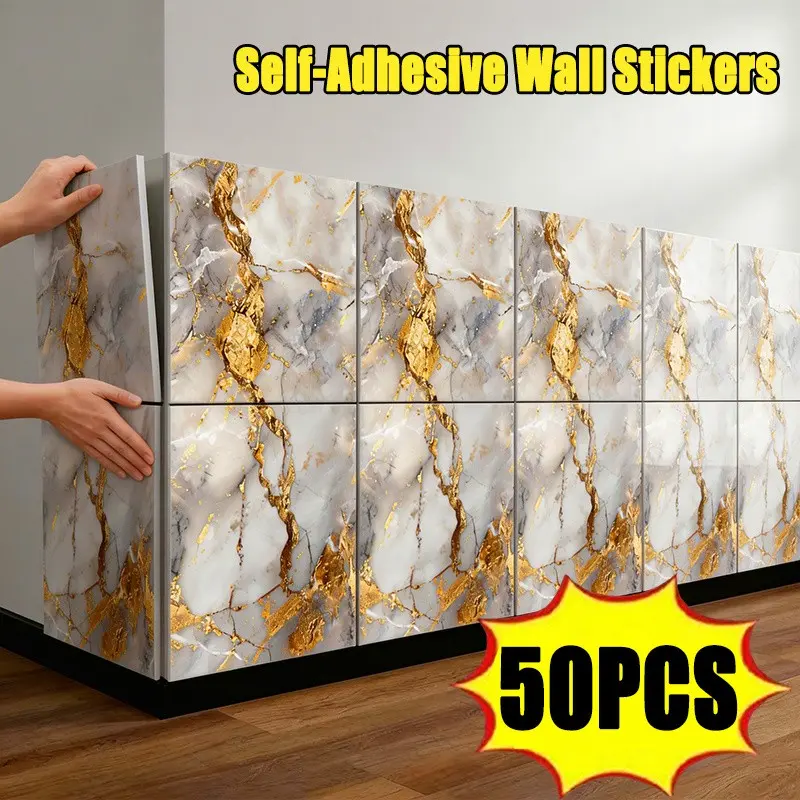 50pcs Marble Texture Self-Adhesive Wallpaper, Waterproof Easy Clean, Seamless Installation, Ideal for Kitchen Bathroom Living Room Office, Marble Pattern Wallpaper, Bathroom Wallpaper Peel and Stick