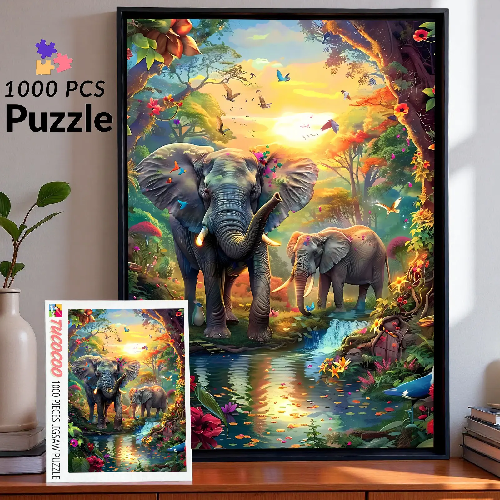 Tucocoo 1000-Piece Jigsaw Puzzle, Vibrant Animals & Nature Jungle Elephants Art, Eco-Friendly Recycled Cardboard, 27.5x20in, Strength & Durability Adult Gift for Birthdays, House Decoration, 1000 Pieces