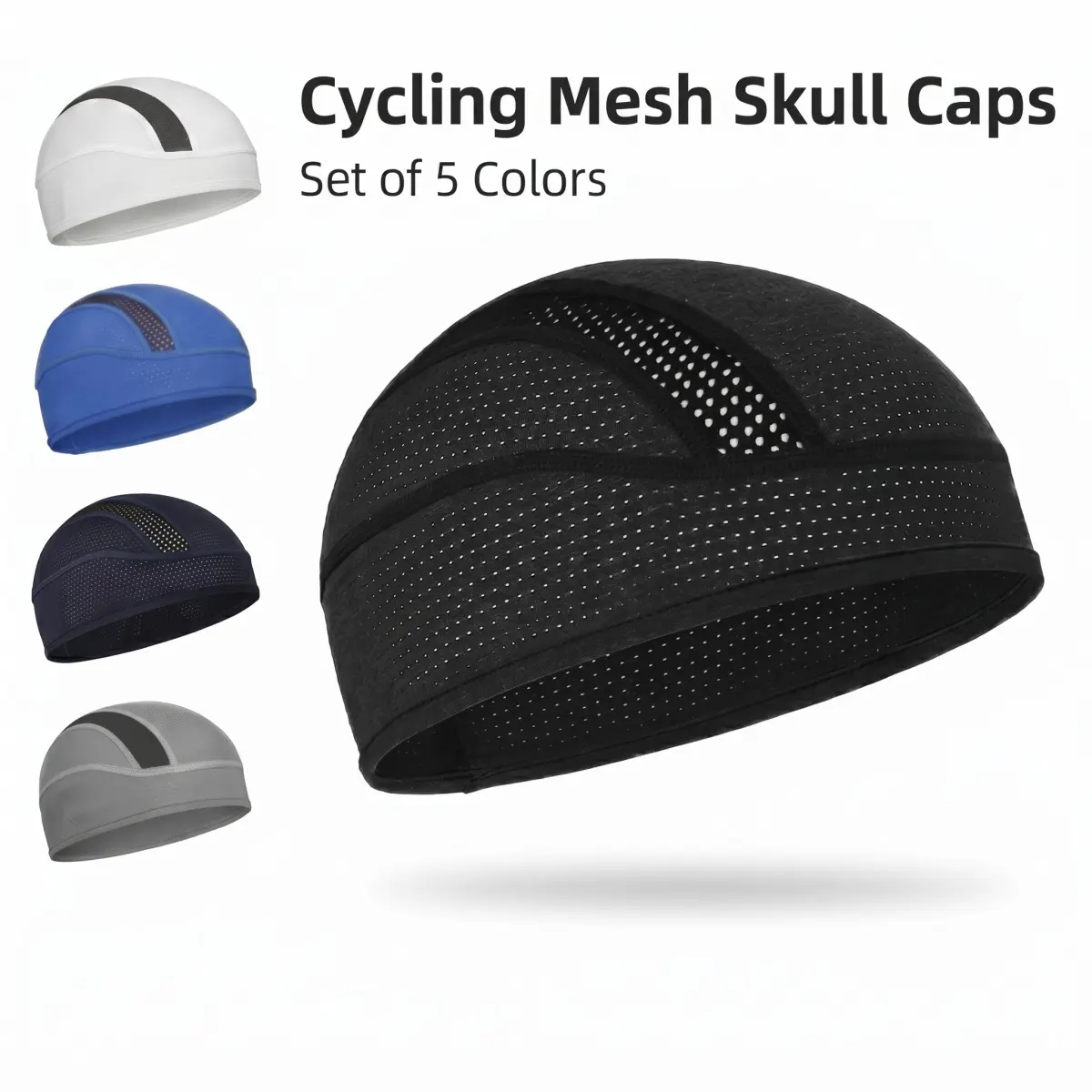 Men's 5-Pack Mesh Skull Cap - Breathable, Moisture-Wicking, Quick-Dry Outdoor Road Helmet Liner Beanie for Summer Hot Weather Cycling, Men's Skull Cap, Bike Cycling, Mesh Spandex, Seamless