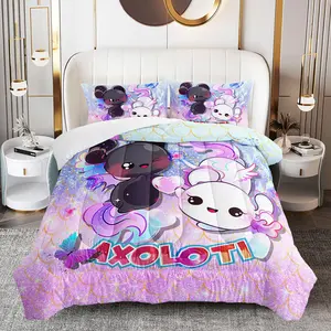 3pcs Axolotl Print Comforter Set, Cute Cartoon Duvet Set for Girls and Adults Bedroom or Guest Room Decor, Lightweight Soft All Seasons Comforter Machine Washable Microfiber Quilt with 2 Pillowcases, Gifts for the Family Animal