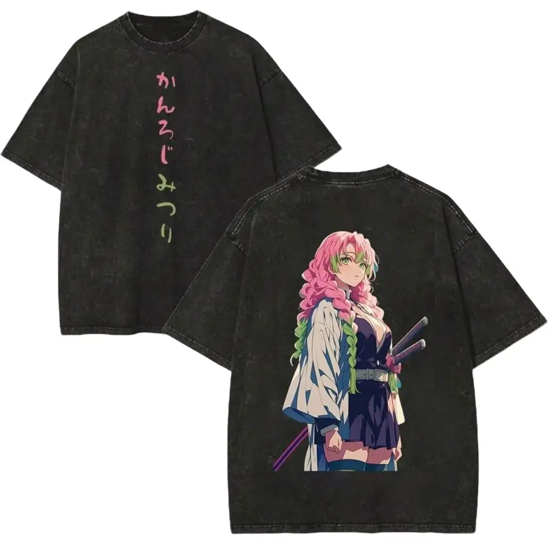 Men's Stylish Casual Short-Sleeve Demon Slayer Mitsuri Kanroji Love Hashira Front & Back Print Tshirt, Vintage Washed Black Oversized Japanese Text Anime Streetwear Top, Menswear Fan Gift Apparel, Shortsleeve, Anime Style, Cultural