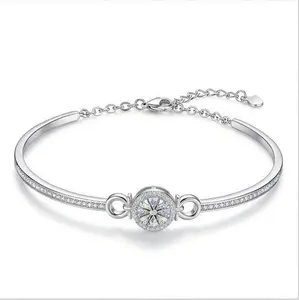 925 Sterling Silver Halo Moissanite Bangle Bracelet for Women, 1ct Round Cut High-Sparkle Simulated Diamond Cuff Bracelet, Hypoallergenic Adjustable Chain, Ideal for Daily Wear, Birthday, Anniversary & Mother's Day Gifts
