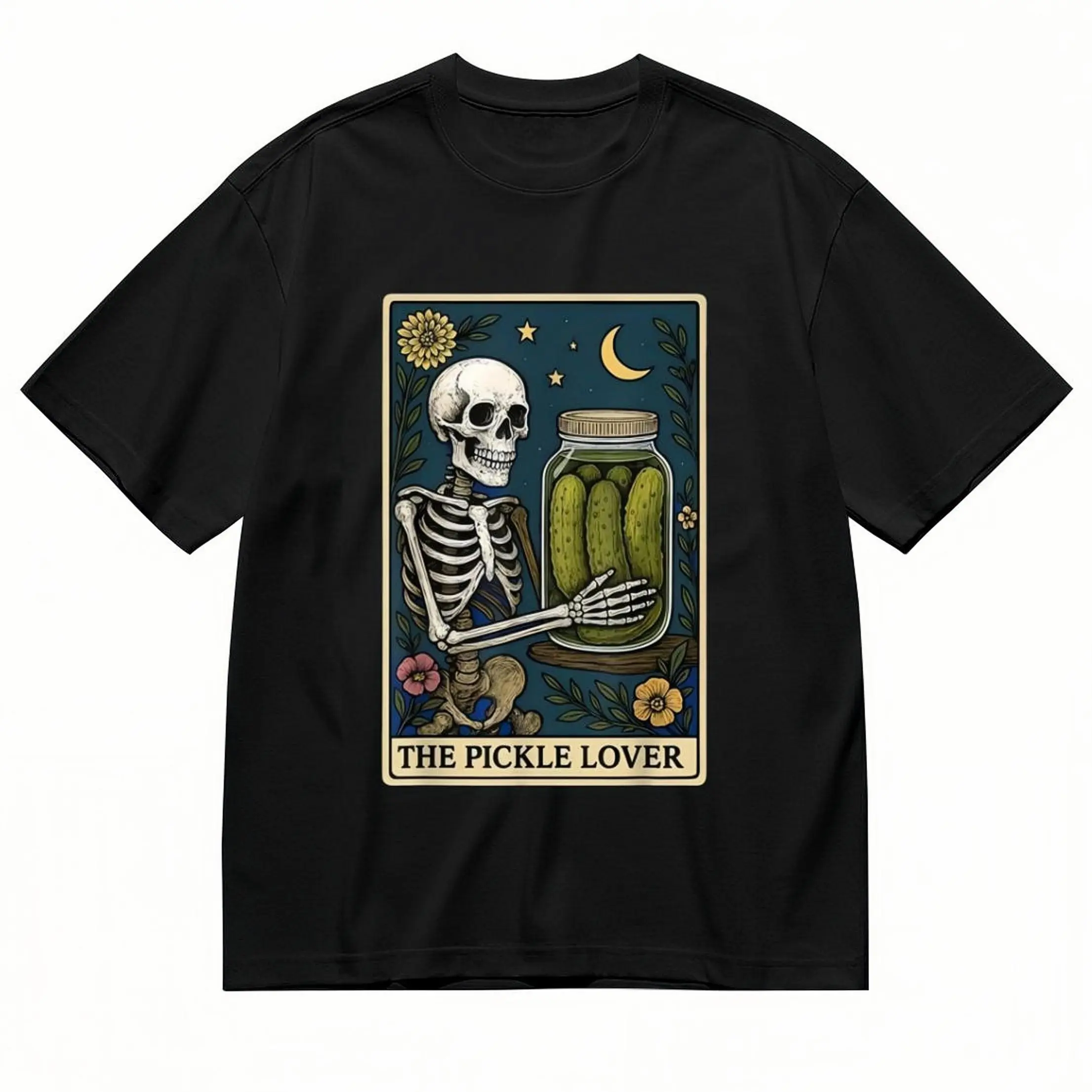 Funny 'The Pickle Lover' Tarot Card Short-Sleeve Round Neck Humor Graphic T-Shirt - Dark Humor Skeleton Pickle Streetwear Casual Sports Top for Men, Women, Shortsleeve, Tshirt