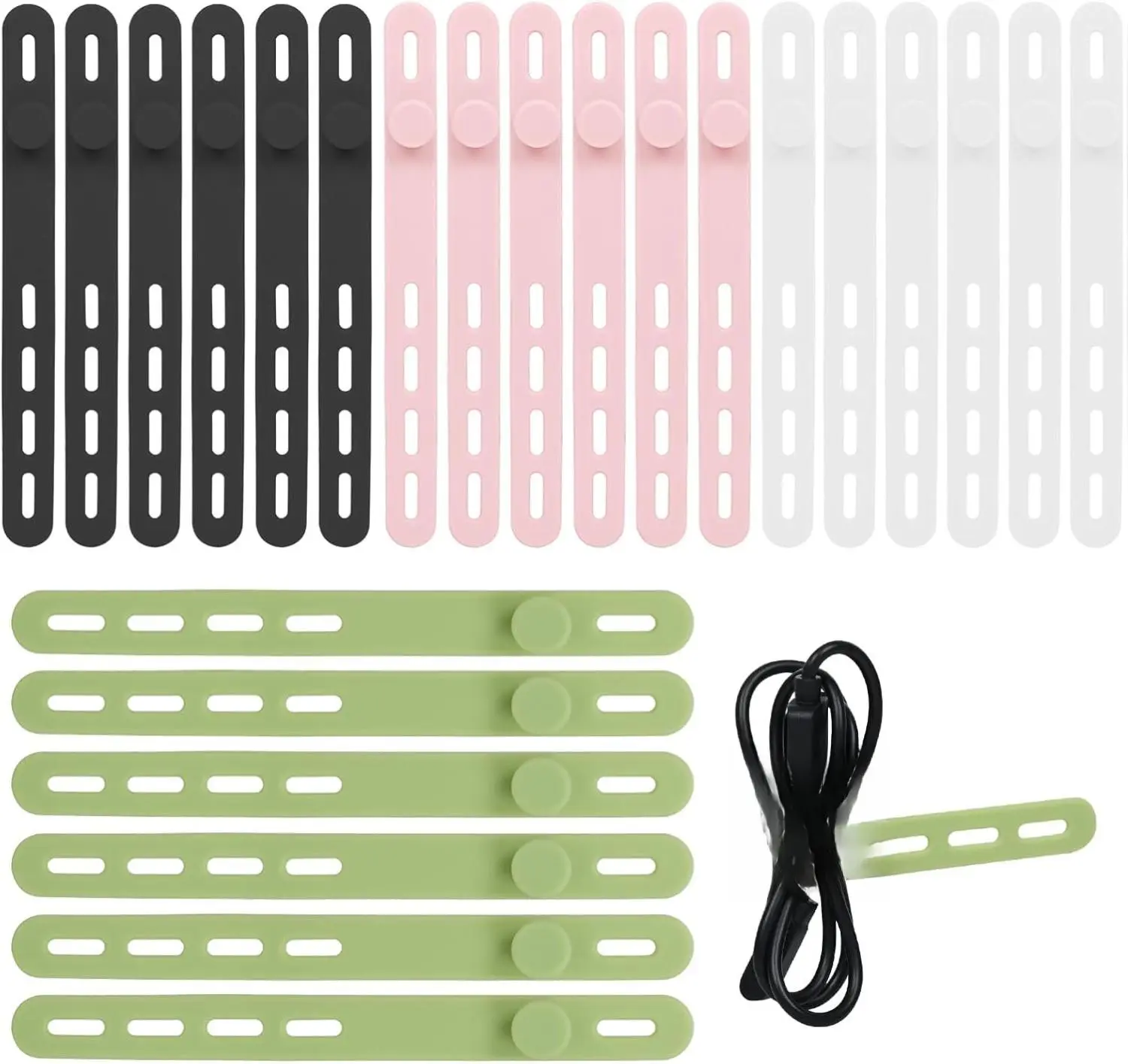 24Pcs Silicone Cable Ties - Reusable & Washable with Locking Buckle Design, Adjustable Fastening Cable Straps, )