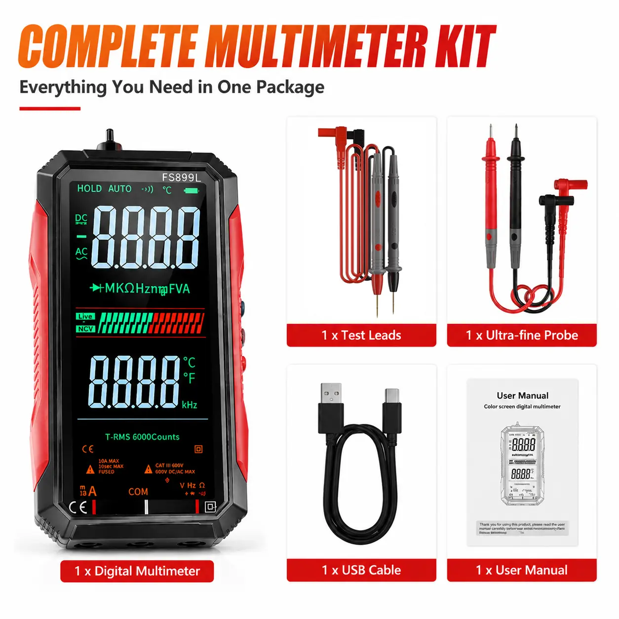 CZDANG FS899L Color Screen Digital Multimeter - Electrician's Essential Electrical Measuring Tool with Voltage Testing, Current, Capacitance, Temperature, NCV Functions, Smart, Precise, Reliable