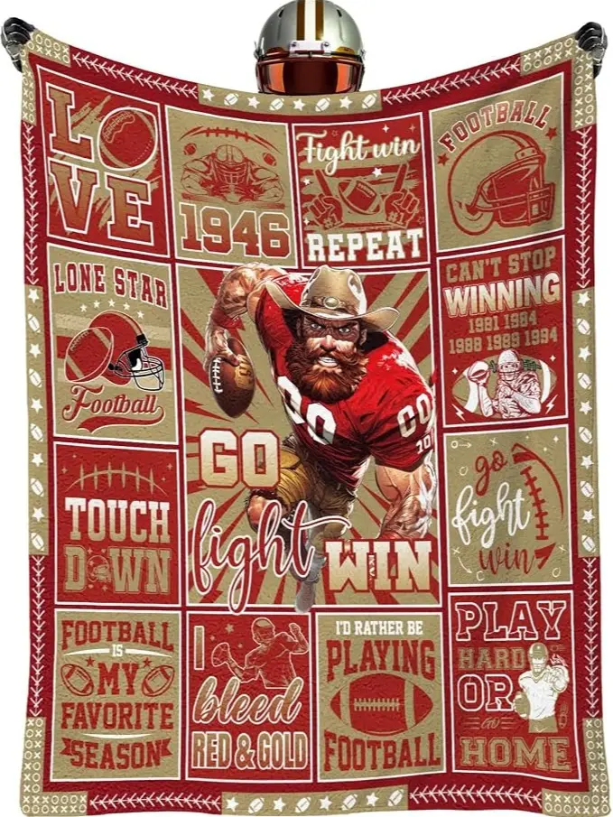 San Francisco Football Flannel Blanket, Red and Gold Football Fan Throw Blanket, Bay Area Sports Blanket, Soft Cozy Throw for Sofa Couch Bed, Game Day Home Decor, Vintage Football Lover Gift for Men Women, Warm Flannel Blanket, Football Fan Gift