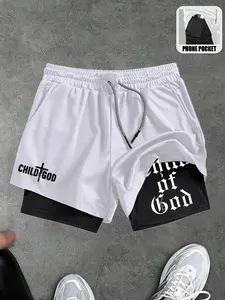 Child of God Gym Shorts For Men, Classic Cross Graphic Shorts With Pocket, Mesh 2 In 1 Breathable Shorts, Loose Casual Pocket Track Shorts For Summer, Quick Dry Swim Trunk, Quick Drying Shorts