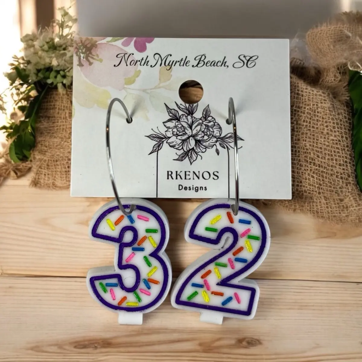 Purple Birthday Candle Earrings - Fashion Accessory acrylic jewelry candles handpainted