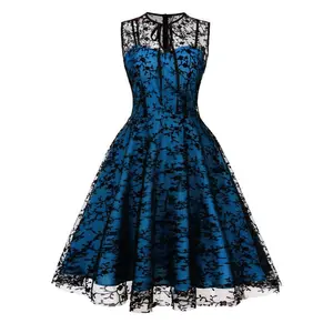 Women's Mesh Embroidery Waist Sleeveless Christmas Court Swing Midi Dresses Evening Formal Womenswear  Mesh Swing Dress