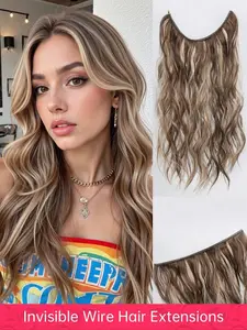 Invisible Thread Hair Extensions, Gradual Curly Long Wave Synthetic Hair, Adjustable Transparent Headband, No Clip Design, 22 Inch, Wavy Synthetic Hairpiece