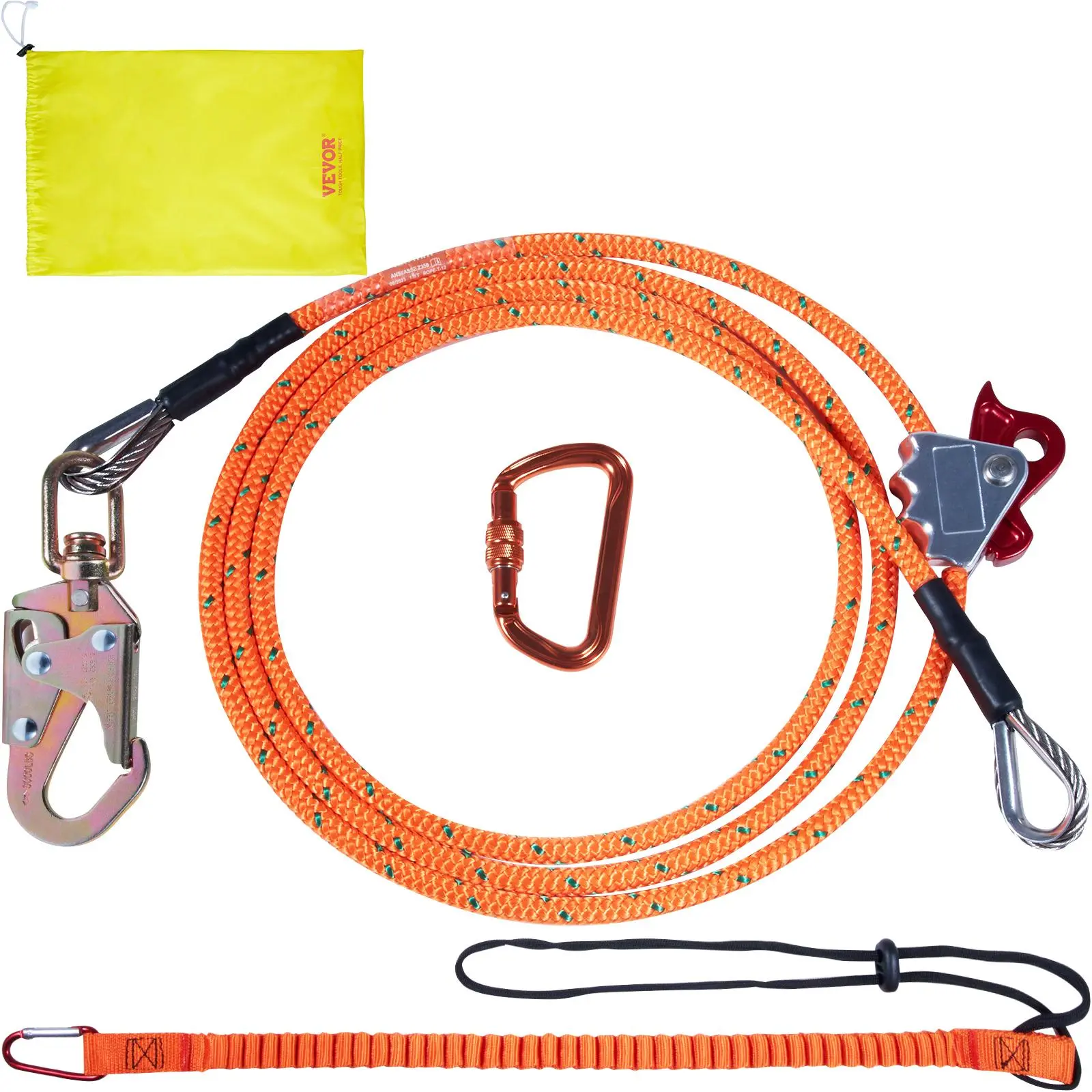 VEVOR Arborist Flipline, 1/2" X 8 Ft Steel-Core Polyester Safety Rope for Fall Protection, with Triple Lock Carabiner & Snap Hook, Tree Climbing, Rigidity, Adjustable, Tool Lanyard, Exceptional Rigidity