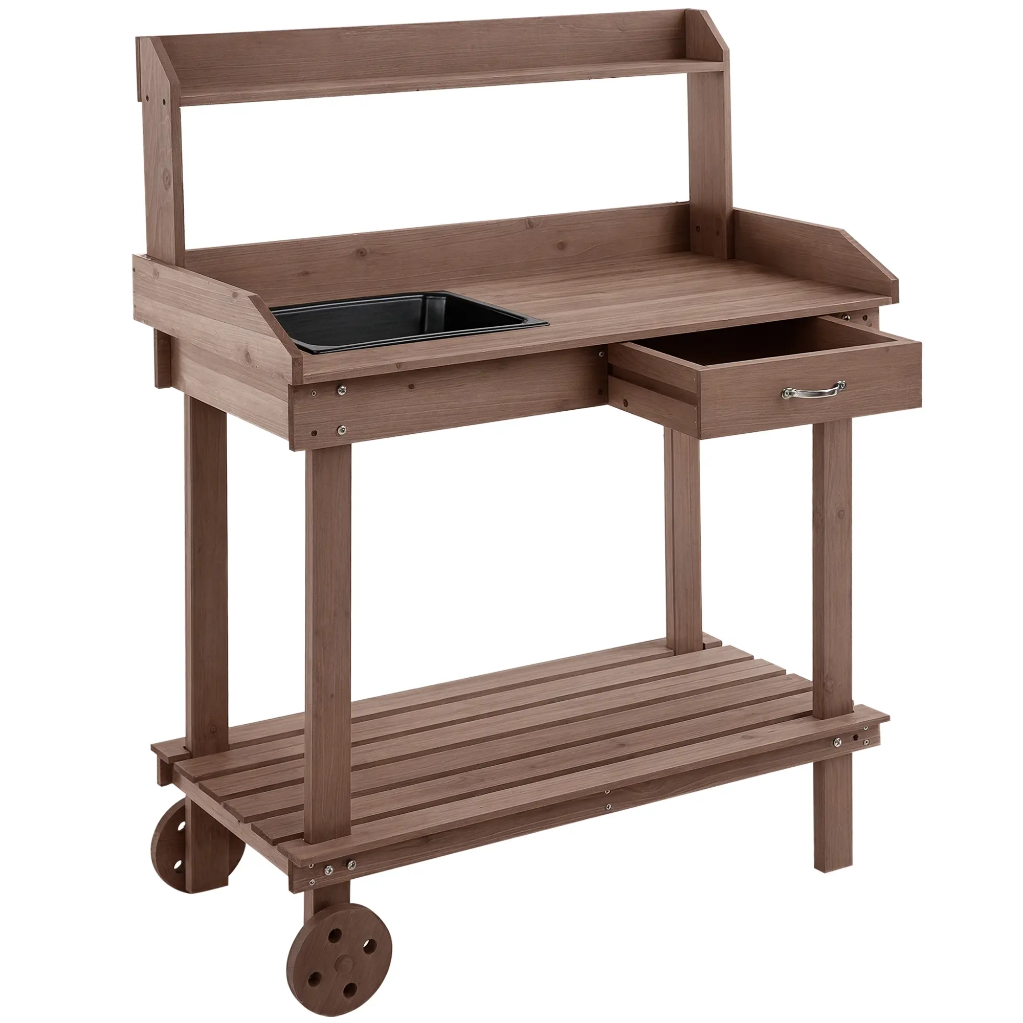 36'' Wooden Potting Bench Work Table with 2 Removable Wheels, Sink, Drawer & Large Storage Spaces – Mobile Workstation. Solid Wood. Brown