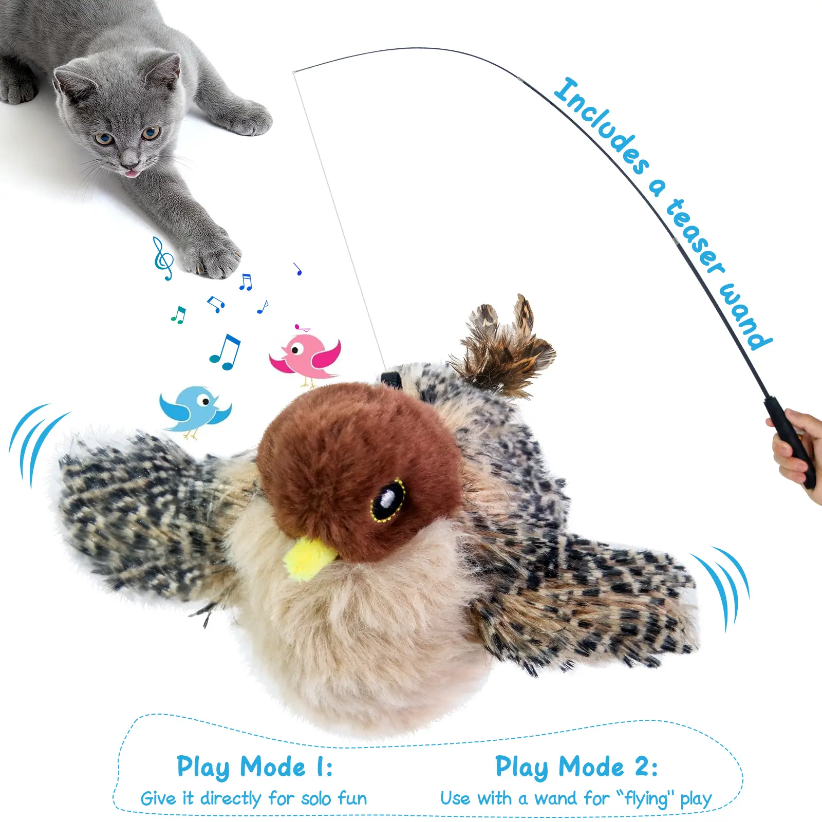 Flying Bird Cat Toy with Realistic Bird Sounds—a rechargeable, touch-activated interactive toy for kittens. This hanging cat toy is an interactive exercise toy suitable for cats of all breeds