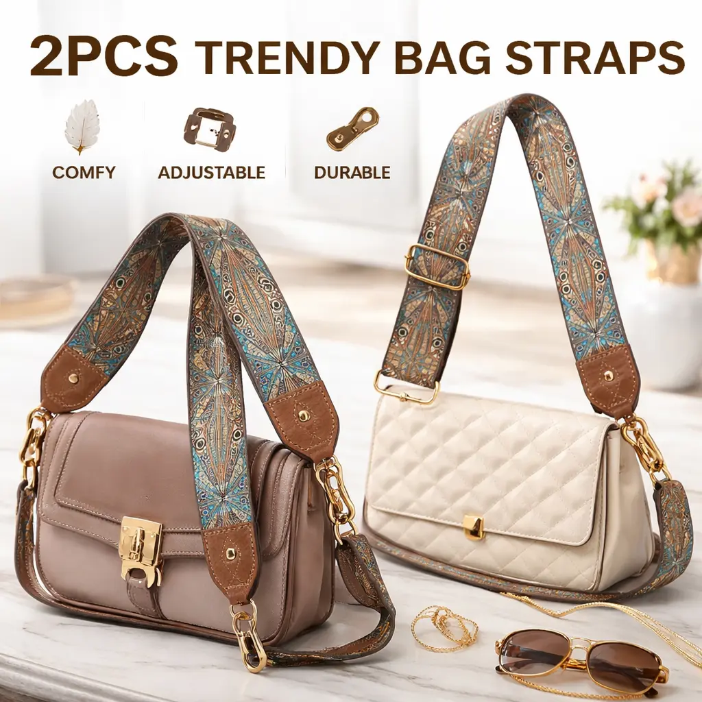 Brown Flower Cow Hide Crazy Horse Leather Bag Accessories (2pcs) - 2-in Wide Adjustable Purse Shoulder Straps, 30-51 in, Retro Jacquard Embroidery, 360° Rotating Head, Slide Lock Buckle, Cotton, Crossbody Everyday Use, Christmas Gifting