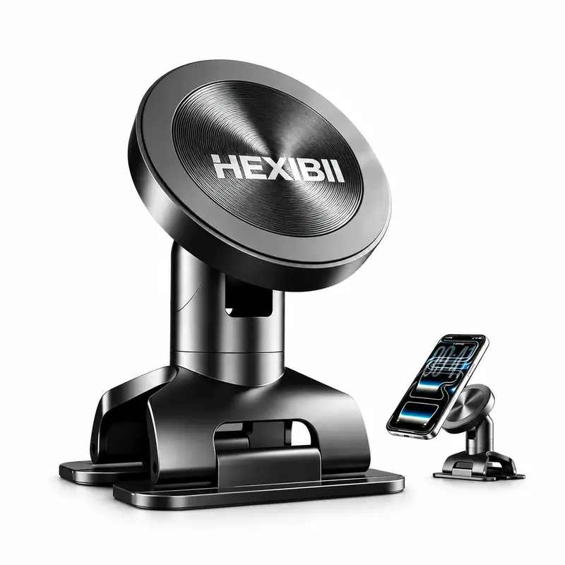 HEXIBII 360° Rotating Car Phone Holder for Dashboard, Adjustable Dual-Leg Adhesive Mount with Magnetic or Universal Clip Options, Compact Stand for Most Smartphones