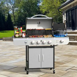 BBQ Gas Propane Grill, 4 Burner Cast Iron Flat Grill Griddle Combo with Side Burner, Stainless Steel 42000 BTU for Outdoor Cooking, Backyard Barbecue