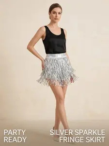 Women's Mid-Waist Sequin Fringe Skirt Pants, Side Zipper Shiny Fringe Shorts, Perfect for Parties, Events, Music Festivals