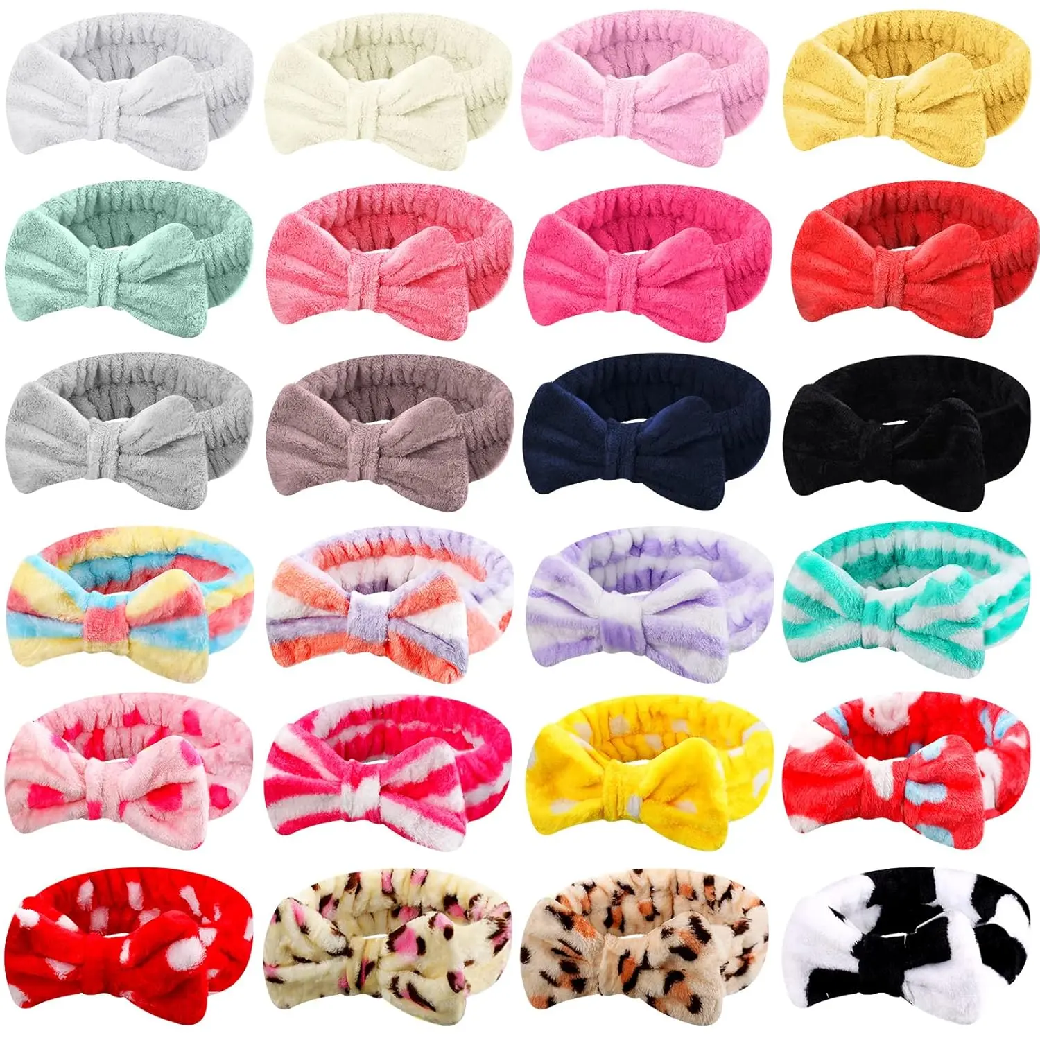 Women's HBB10 24-Pack Assorted Cute Flannel Spa Headbands, Adjustable Bow Hair Wraps for Daily Everyday Facial Makeup, Face Wash, Shower Skincare, Spa Headband, Colorful Prints, 13.5 Inches Stretched