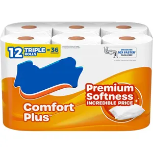 ComfortPlus Toilet Paper, 12 Triple Rolls, 231 Sheets per Roll, Septic-Safe, 1-Ply Toilet Tissue
