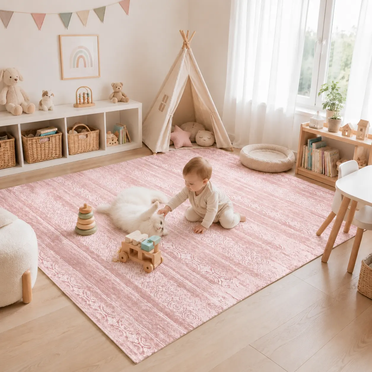 ComiComi Boho Abstract Pink Baby Girl Nursery Decor Area Rug For Princess Room- Washable, Waterproof, Skin-Friendly, Foldable for Kid Rooms, Bedroom, Living Room - High-Quality Indoor Decor for Pets, Room Decor, Girl Room Decor,