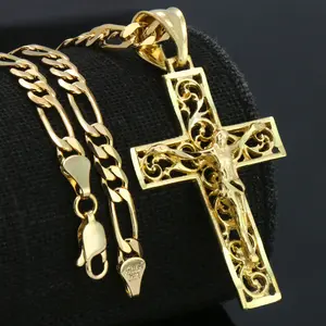 MaxBling81 Brass Gold Plated Cross Design Pendant, 14K Stamped 4mm Figaro Chain Necklace (20" or 24") – Hip Hop Fashion Costume Jewelry