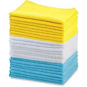Microfiber Cleaning Cloths, Lint Free, Absorbent, Streak Free, Non-Abrasive, Reusable and Washable, Pack of 24, Blue/White/Yellow, 16" x 12"