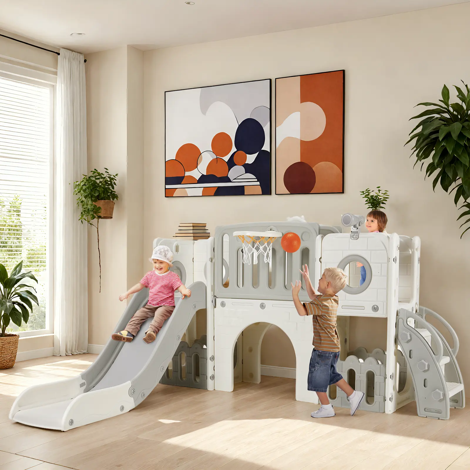 Arlopu 9 in 1 Large Toddler Slide, Kid Playset w/Long Slope, Baby Climber Set w/Basketball Hoop, Telescope, Tunnel, Storage Space, Enclosed Steps, Indoor Outdoor Playground, homeessentials