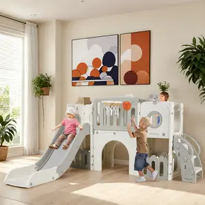 9 in 1 Large Toddler Slide, Kid Playset w/Long Slope, Baby Climber Set w/Basketball Hoop, Telescope, Tunnel, Storage Space, Enclosed Steps, Indoor Outdoor Playground