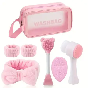 Facial Cleaning Tool Set, 7 Counts/set Cleansing Brush & Hair Band & Scrubber & Cleansing Puffs & Wristband & Bag, Skin Care Tool for Women