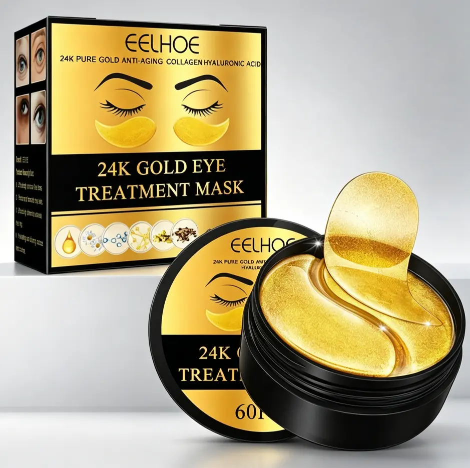 24K Gold Collagen Hydrogel Eye Patches, Anti-Aging Under Eye Treatment Gel Pads (Beauty & Personal Care Makeup Tool) Portable Waterproof Leather Pouch