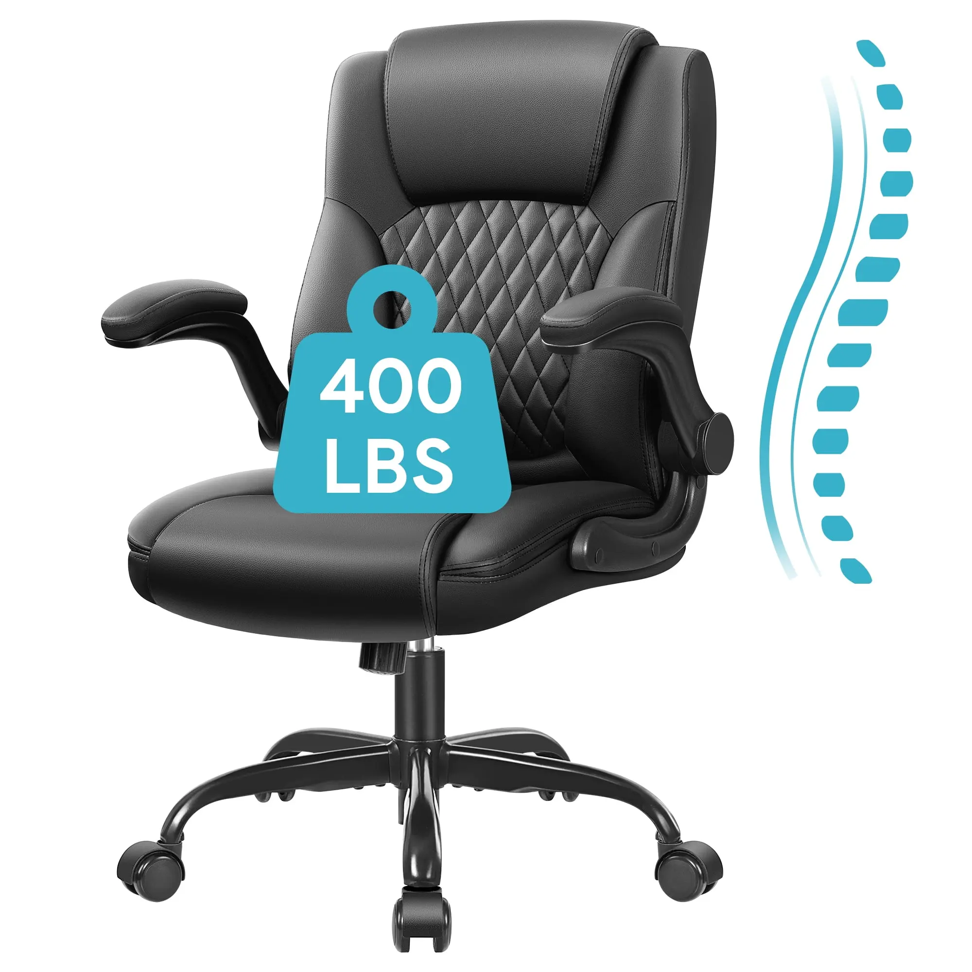 COOLHUT Black Leather High-Back Executive Office Chair - 400LBS Big & Tall Wide Seat, Ergonomic Adjustable Task Chair with Lumbar Support, 8-Year Warranty