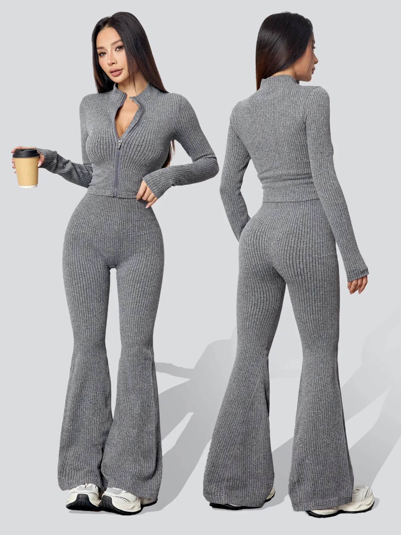 Women's Ribbed Sportswear Set, Exercise Clothing Set, Solid & Yoga Tracksuit Set, Abdominal Control Peach Hip Tight Pants Fitness Set, Slim-Fitting Style, Below the Ankle, Fall & Winter, Sweatsuit Sets, Stretchable Activewear