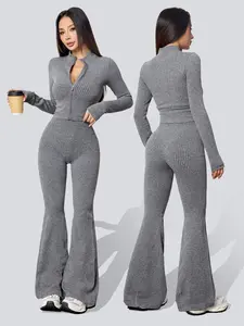 Women's Ribbed Sportswear Set, Solid Tracksuit Set, Yoga Tracksuit Set, Abdominal Control Peach Hip Tight Pants Fitness Set, Slim-Fitting Casual Style, Below the Ankle, Fall & Winter, Sweatsuit Sets, Stretchable Activewear