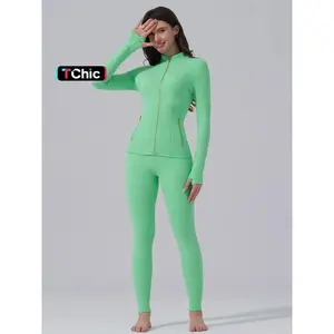 Women’s sporty tracksuit set (Gardenia fragrance): golden zip jacket with pockets and thumbholes, yoga pants; casual wear for women; sweatsuit with pockets; sports activewear set