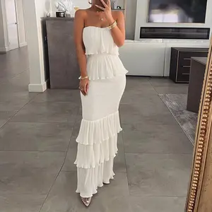 ChicMe Women's Bandeau Shirred Ruffle Hem Wedding Guest Layered Wedding Dress/Women's Ruched Bodycon Dress/Women's Shirred Ruffle Hem Dress Womenswear