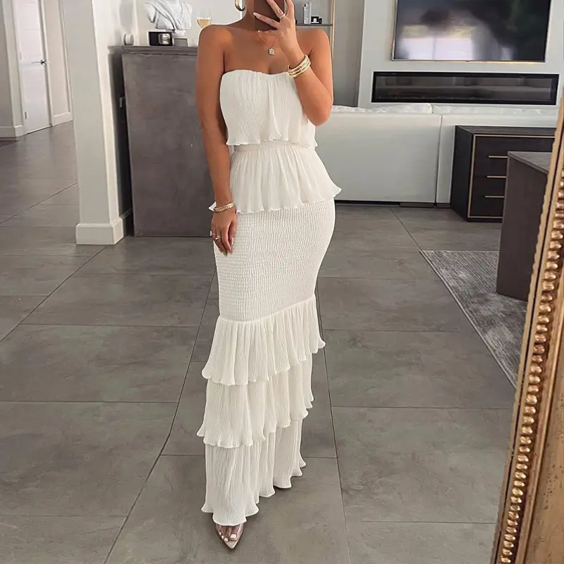 CHICME Women's Bandeau Shirred Ruffle Hem Wedding Guest Layered Sleeveless Dress/sundress Womenswear CHICME Women's Bandeau Shirred Ruffle Hem Wedding Guest Layered Sleeveless Dress/sundress Womenswear
