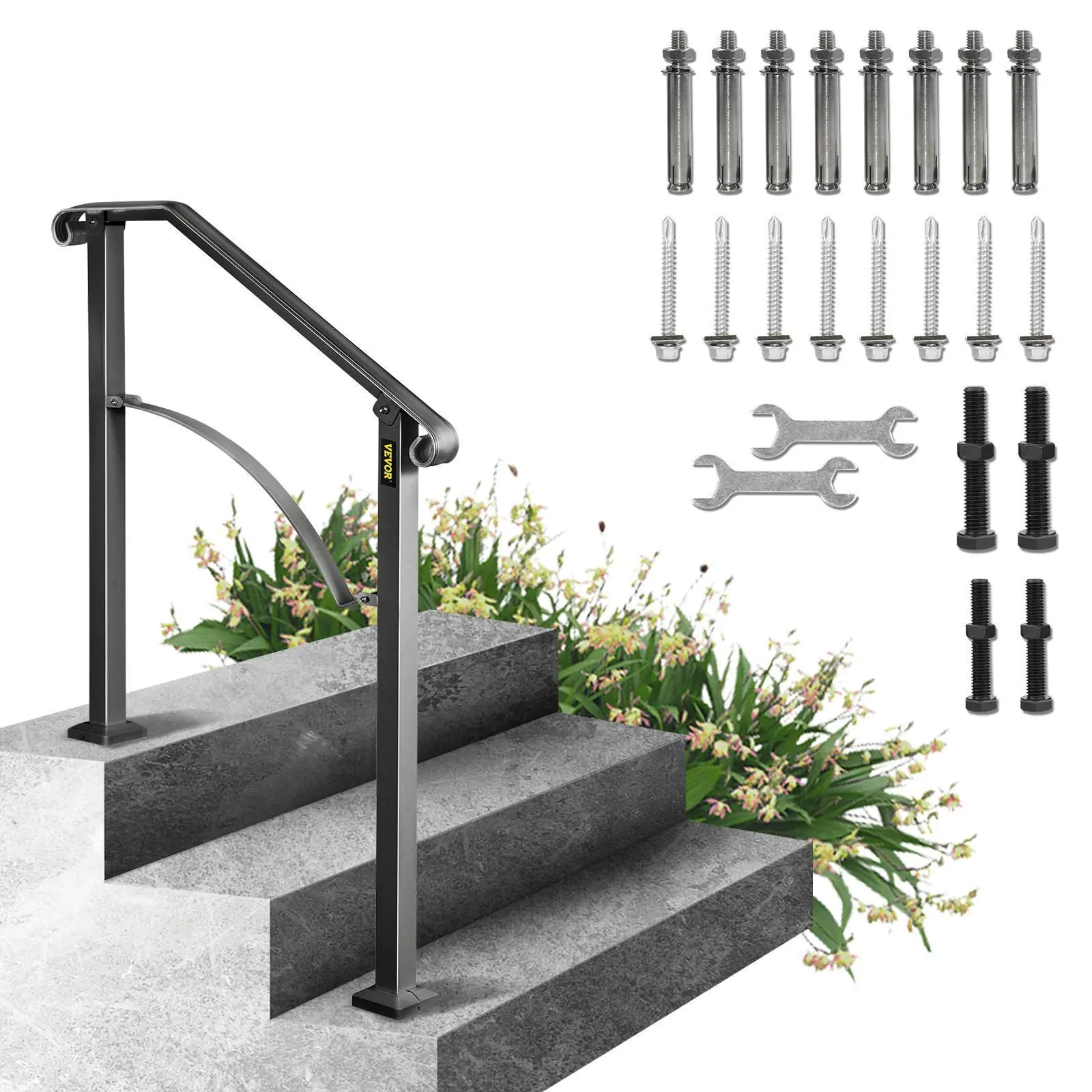 【SummerFinds】VEVOR Handrails for Outdoor Steps,  , Fit 2 or 3 Steps Outdoor Stair Railing, Arch#2 Wrought Iron Handrail, Flexible Porch Railing, Black Transitional Handrails for Concrete Steps or Wooden Stairs