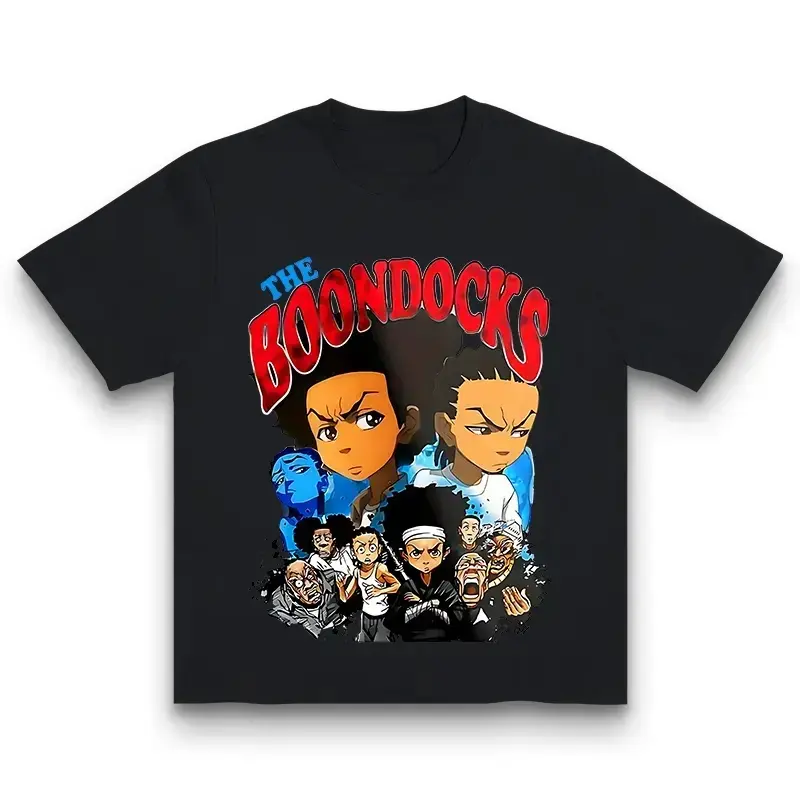 Crew‑neck short‑sleeve top printed with main cast from well‑known adult animated series, vintage cartoon‑style unisex street‑wear top