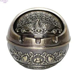 Vintage Metal Peacock Pattern Ashtray Portable Travel Pocket Size Reusable Smokeless Decorative Ash Holder Durable Waterproof Stylish Retro Art Ornament Multifunctional Essentials for Home Office Bar Outdoor Patio Camping Travel Indoor Desktop Table Decor