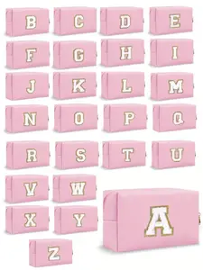 Letter Pattern Makeup Bag Women's Octagonal Makeup Bag, PU Letter Cosmetic Bag, Portable Chenille Zipper Travel Wash Bag, Waterproof Leather Makeup Pouch A-Z Letters