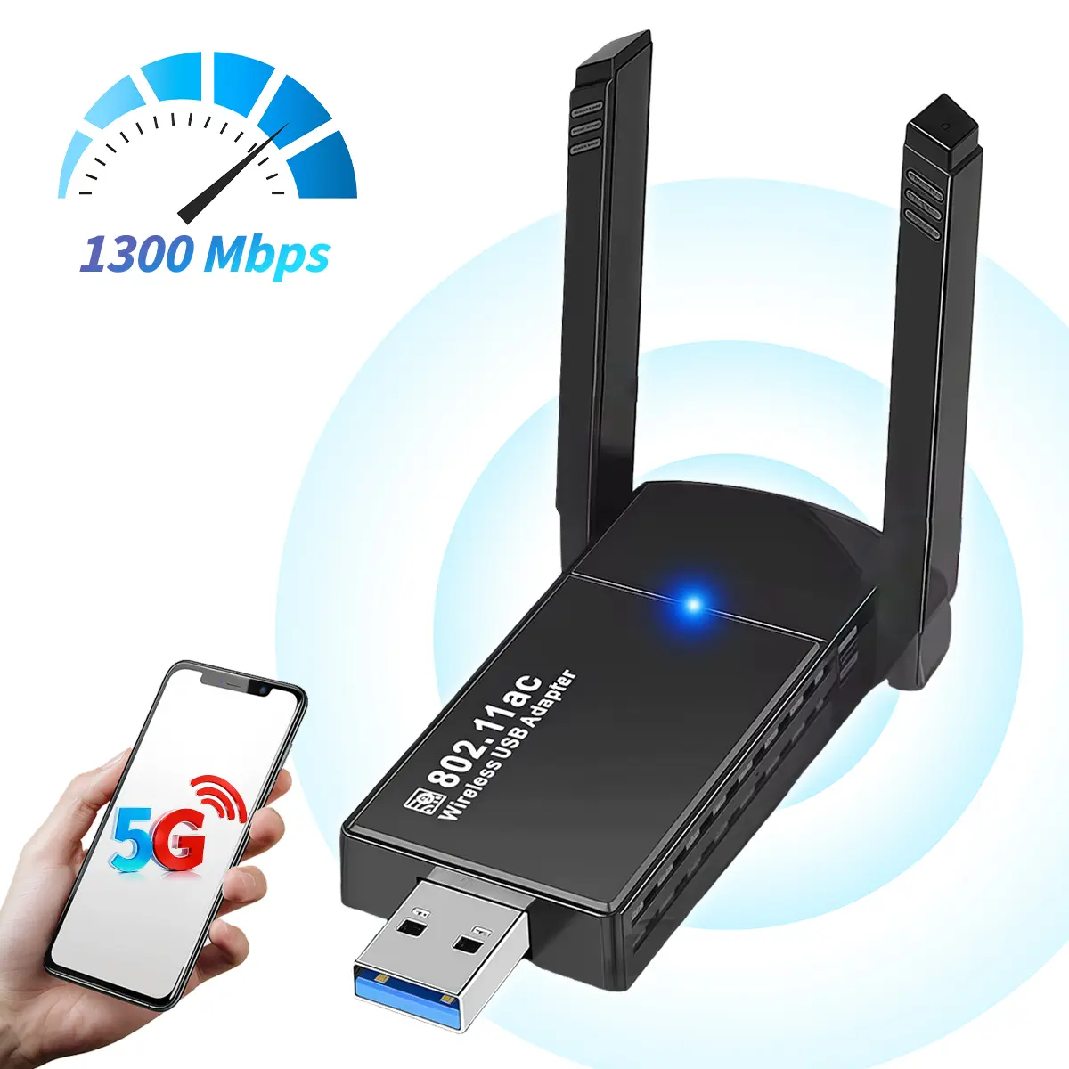 1300Mbps USB 3.0 Wireless Network Card, Usb Wifi Adapter For Desktop Pc, Dual Band USB 3.0 WiFi Wireless Network Dongle, Universal 1300Mbps Wireless wifi extender, Dual Band 2.4G/5G, 5dBi Enhanced Antenna, Plug & Play for Windows, Mac OS, Linux Systems