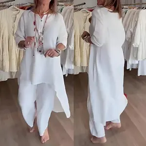 Women's Plus Size Cotton Linen 2 Piece Set Summer Casual Long Top Wide Leg Trousers Basic Outfit
