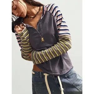 Bohemela Casual Dark Grey Raglan Sleeve Striped Long T-Shirt With Contrast Binding Striped Long Sleeve Top Free People Top Casual Tops Long Sleeve Tops,Fall Clothes For Women
