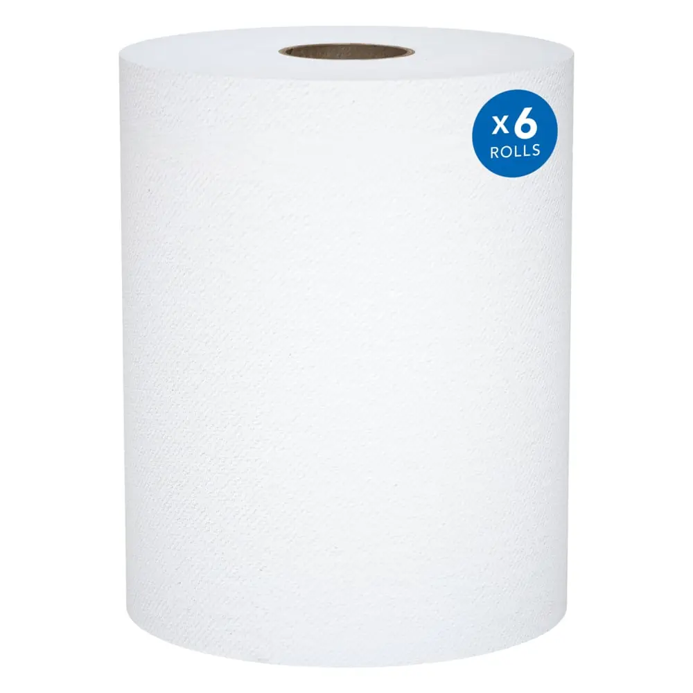 Scott KCC56158 Hard Roll Cleaning Towels, 100% Recycled Fiber Sustainable Cleaning Supplies, Highly Absorbent Absorbs Fast, 8.0in x 800ft White, Pack of 6, for Hand Drying, Bathroom Use, Reduces Maintenance Time