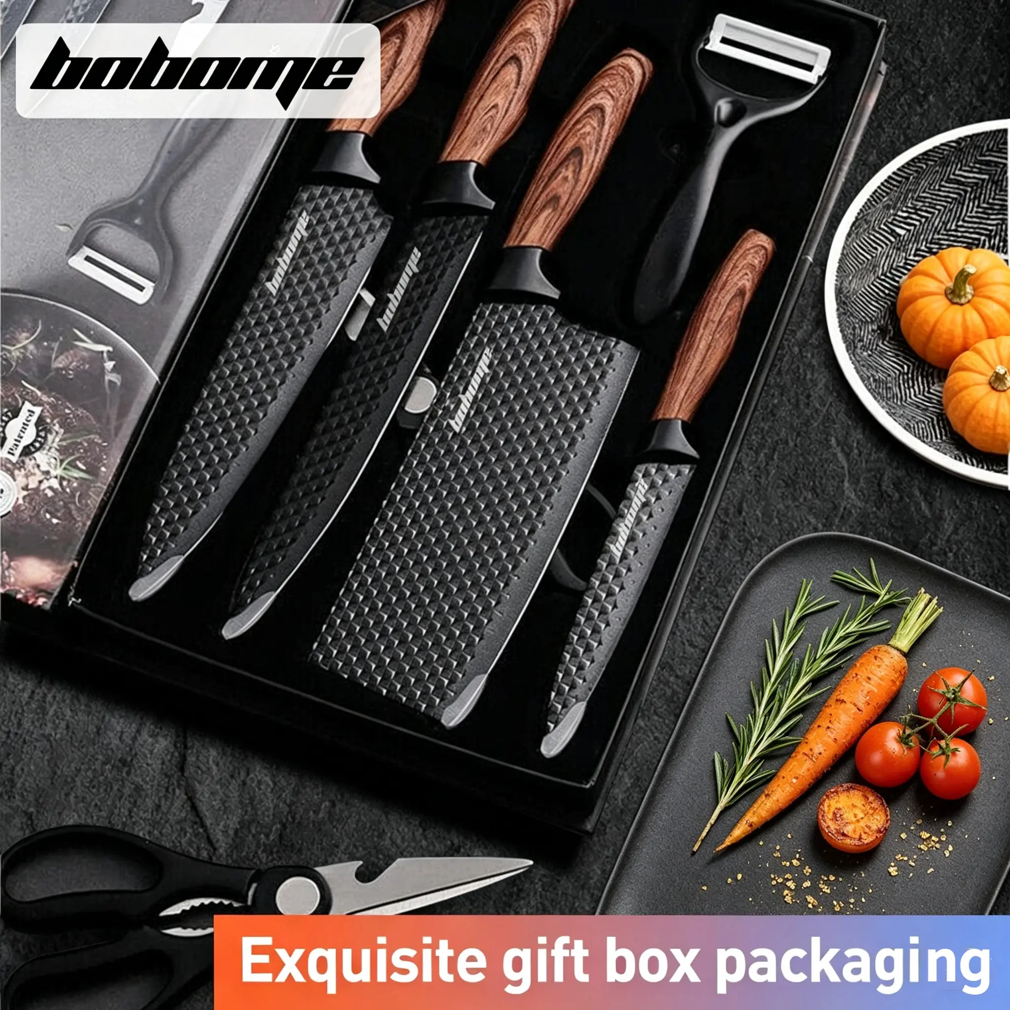 BOBOME 6-Piece Stainless Steel Kitchen Knife Set with Block & Gift Box, Thick Ergonomic Wood Grain Handle, Ultra Sharp Chef Knives, Healthy Anti-Rust Non-Stick Coating, Dishwasher Safe Kitchenware for Christmas Gifts