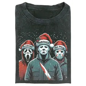Slashing Through The Snow T-Shirt – Funny Horror Christmas Graphic Tee with Michael Myers, Jason & Ghostface