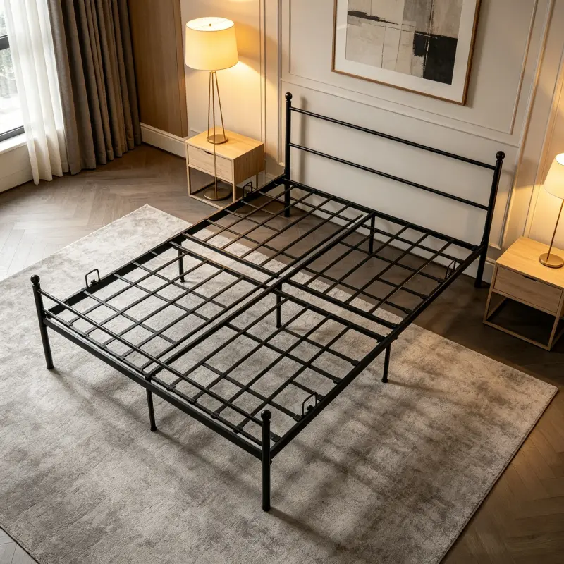 Black metal platform bed frame for two beds, includes headboard and footboard, slat support metal base, no box spring required for bedrooms or guest rooms.