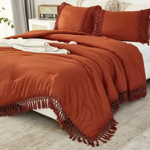 Burnt Orange Comforter Set California King, 3 Pieces Boho Cal King Tassel Lightweight Soft Bedding Comforter Sets, Oversized Bed Set (104x96In Comforter & 2 Pillowcases)